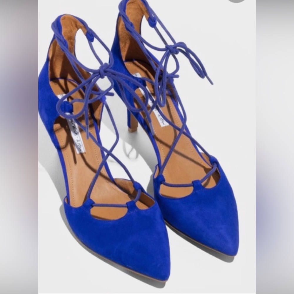Navy blue velvet lace up stilettos (size 38 Euro, 8 US)